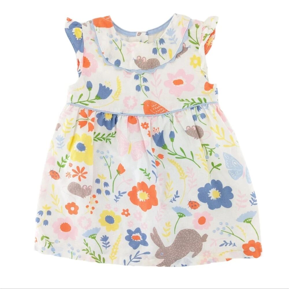 Baby Boden Linen/Cotton Blend Dress 6-12 Months Woodland Animal Spring Floral